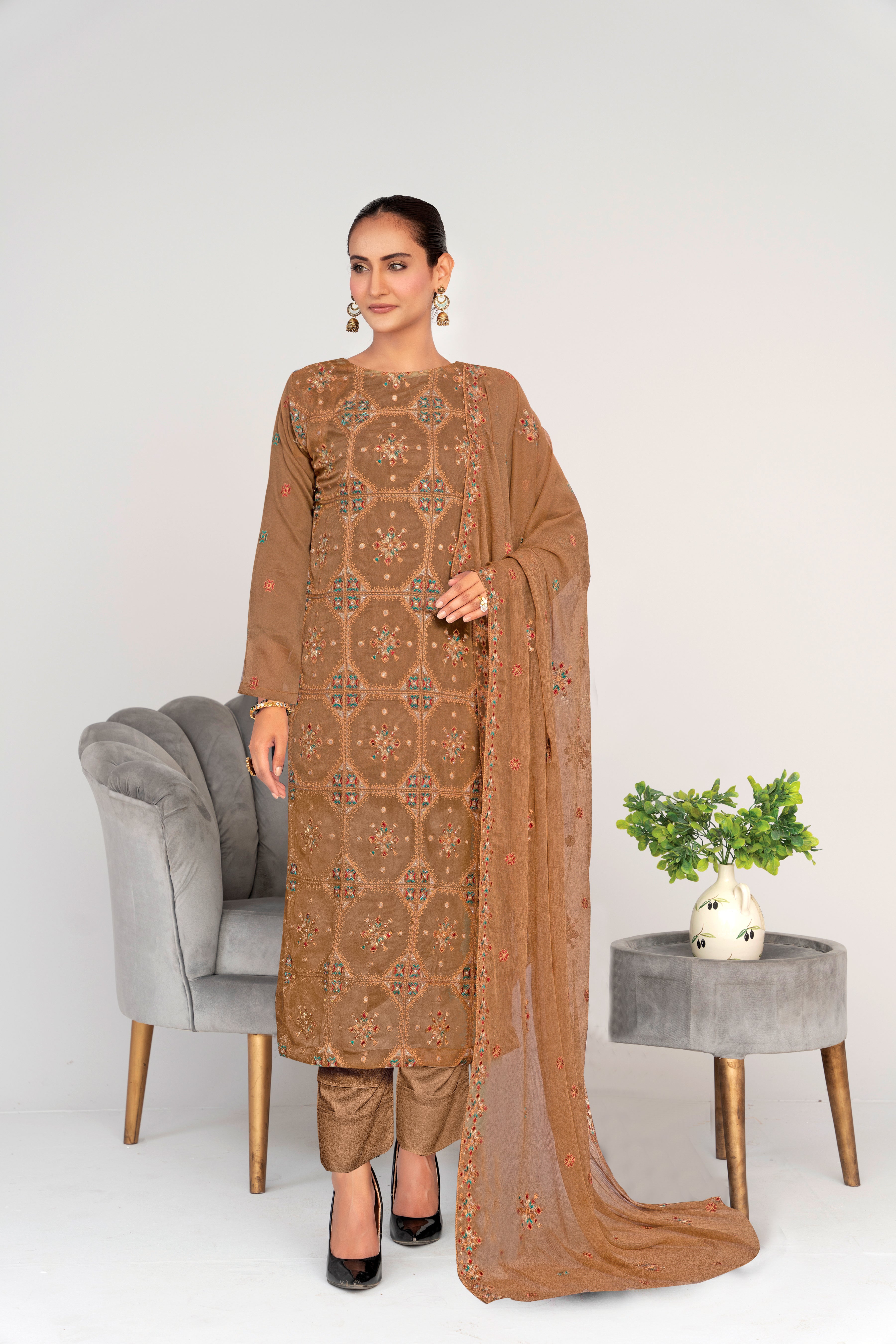 3 Piece Chiffon Suit-Embroidered (Unstitched)