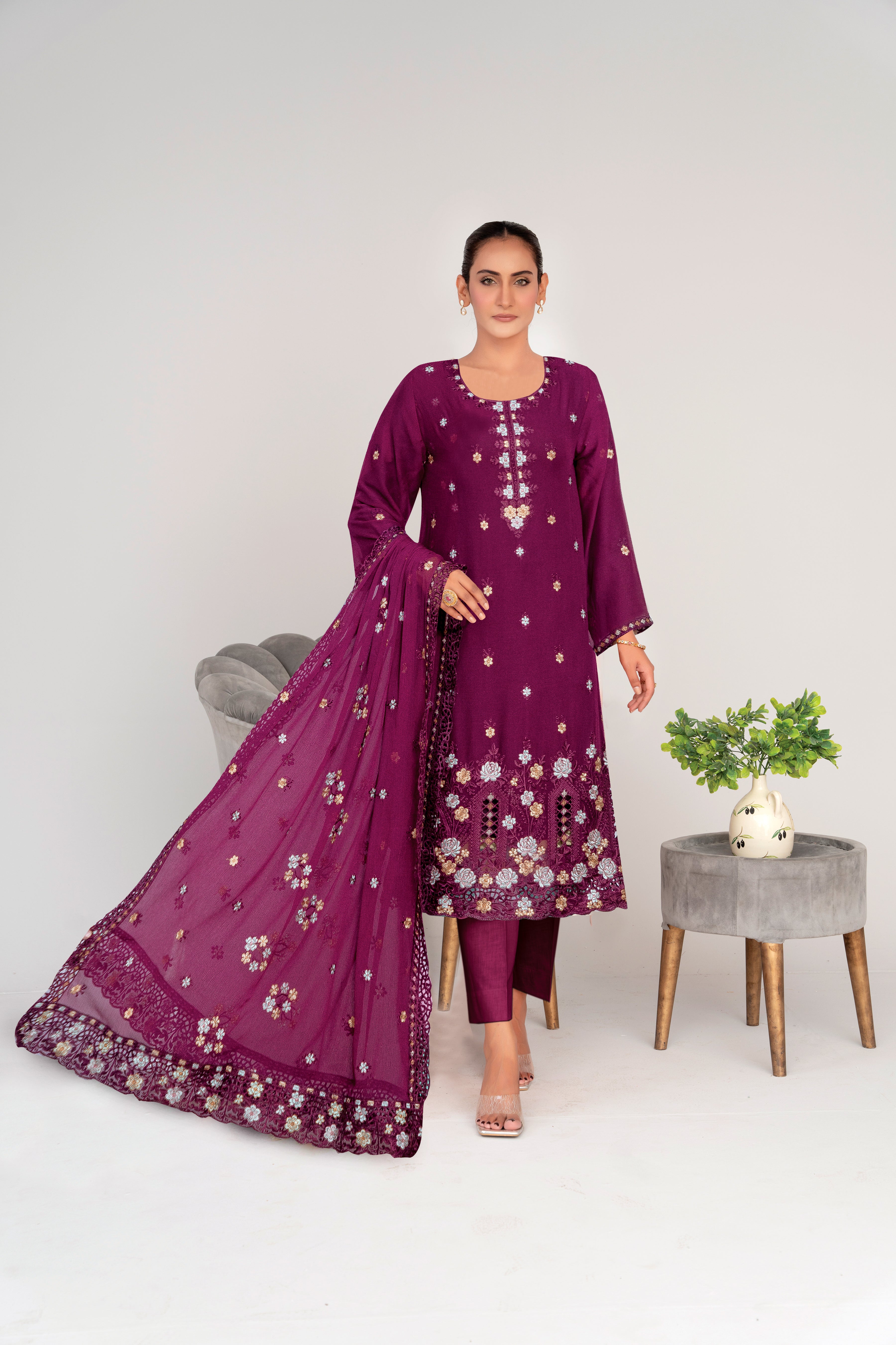 3 Piece Chiffon Suit-Embroidered (Unstitched)