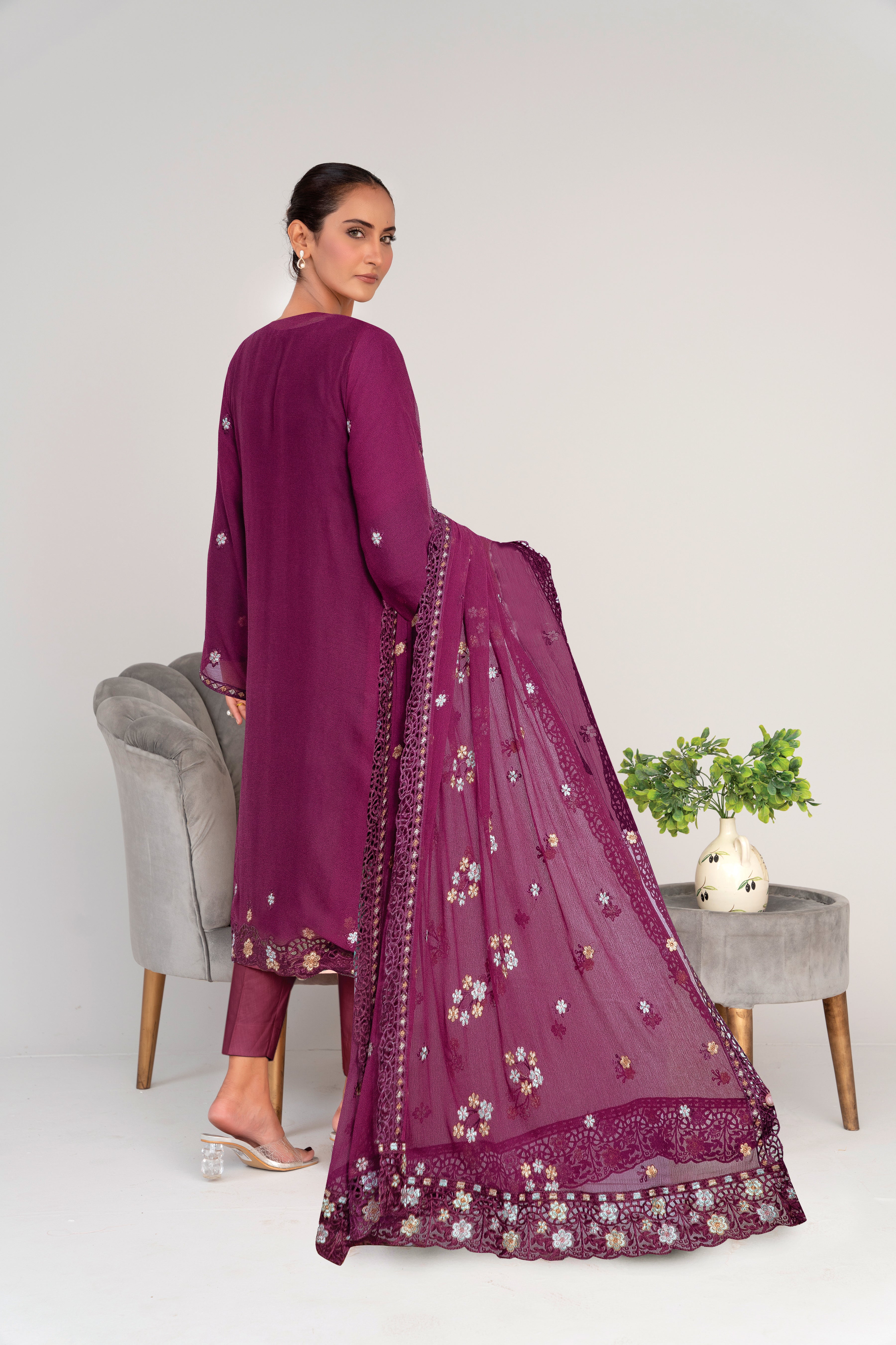 3 Piece Chiffon Suit-Embroidered (Unstitched)