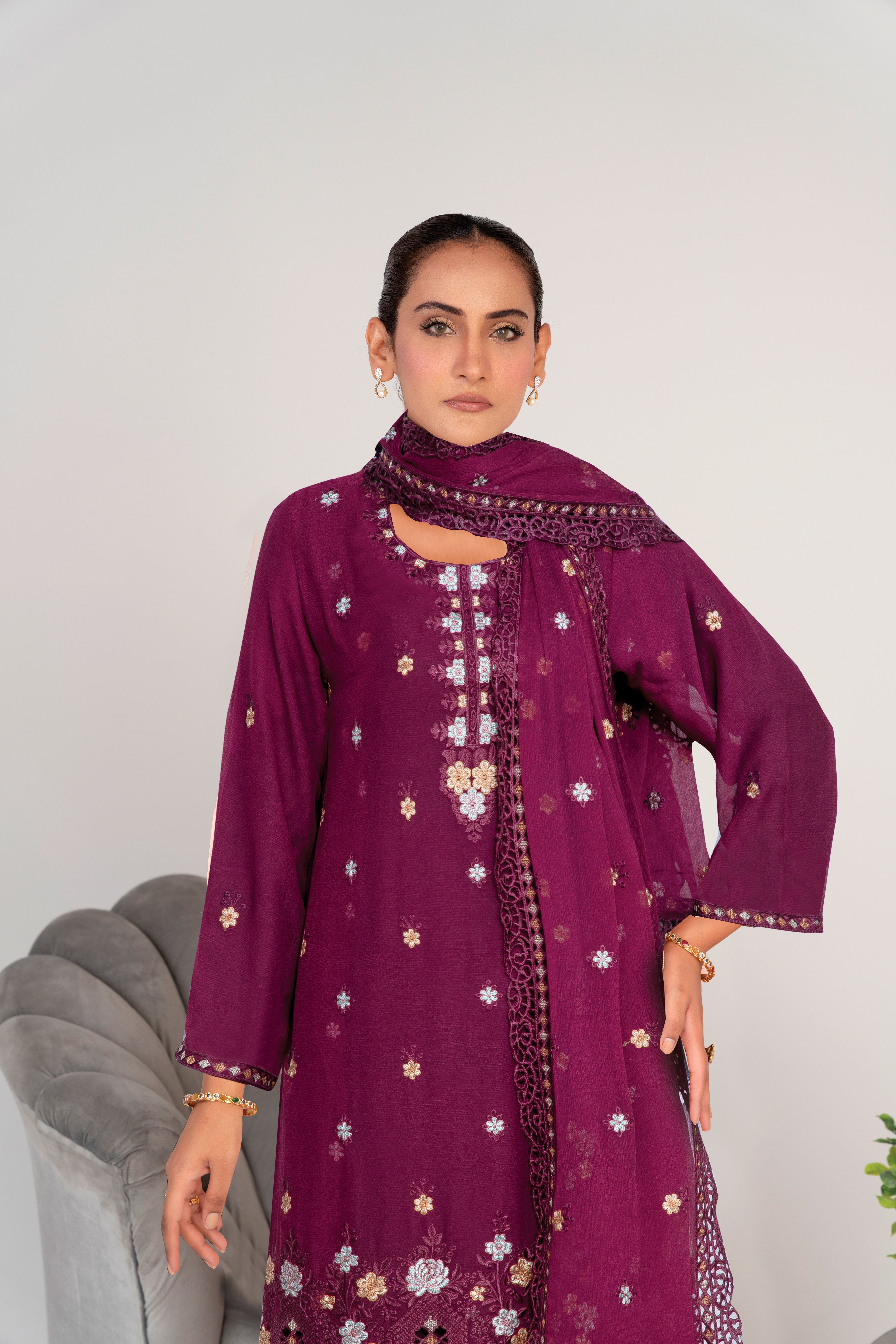 3 Piece Chiffon Suit-Embroidered (Unstitched)