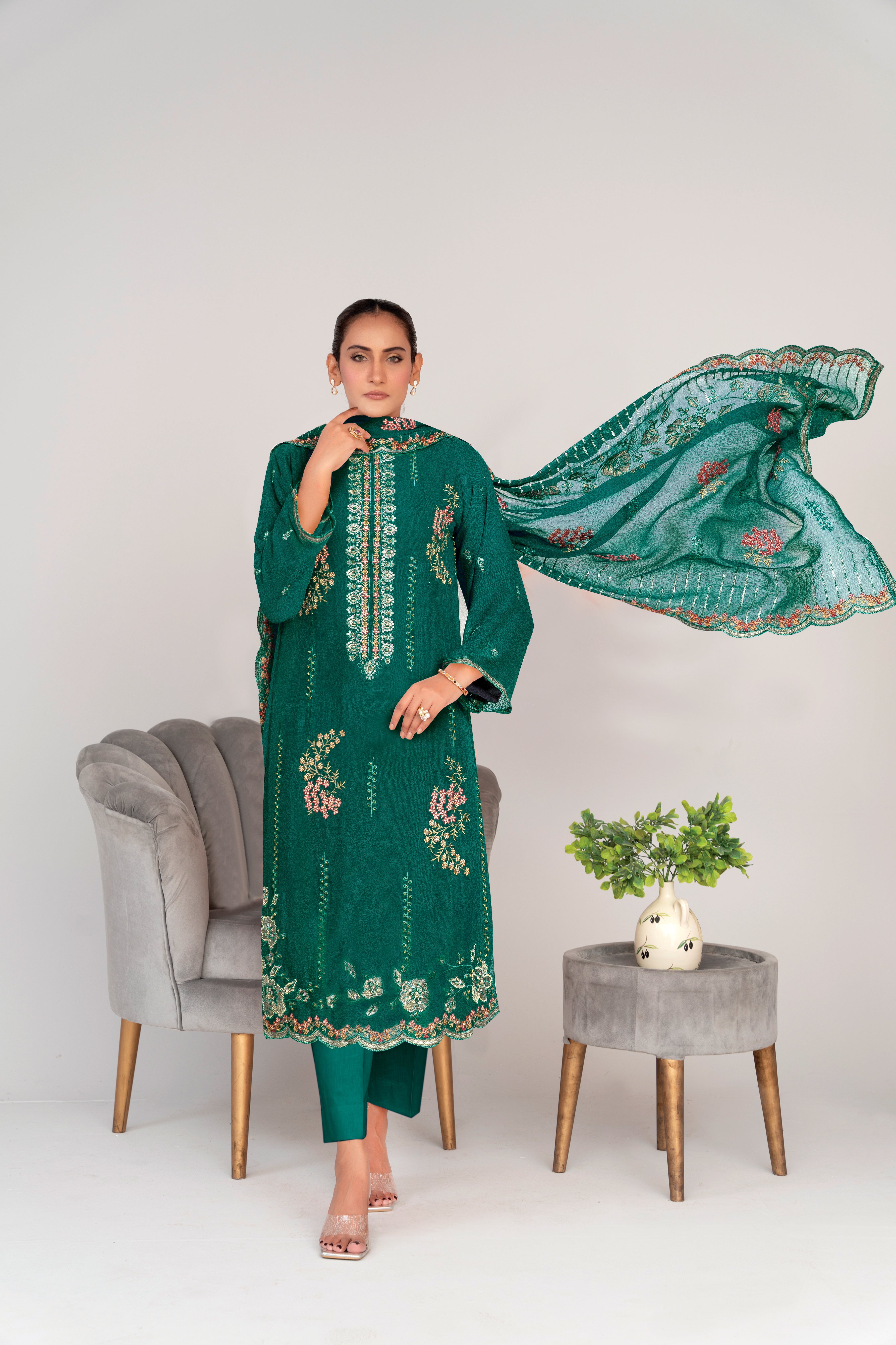 3 Piece Chiffon Suit-Embroidered (Unstitched)