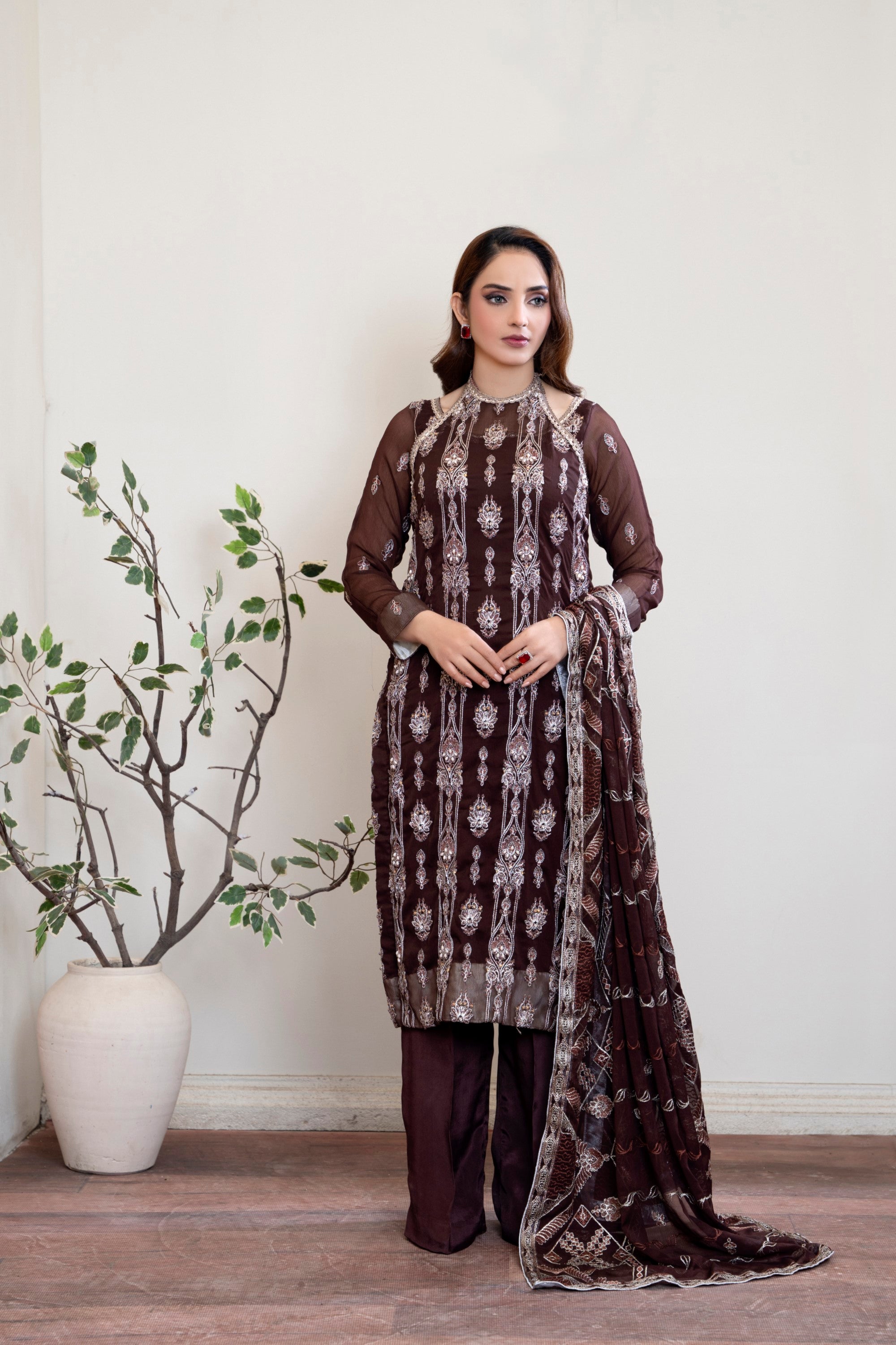 3 Piece Chiffon Suit-Embroidered With Embellishment (Unstitched)