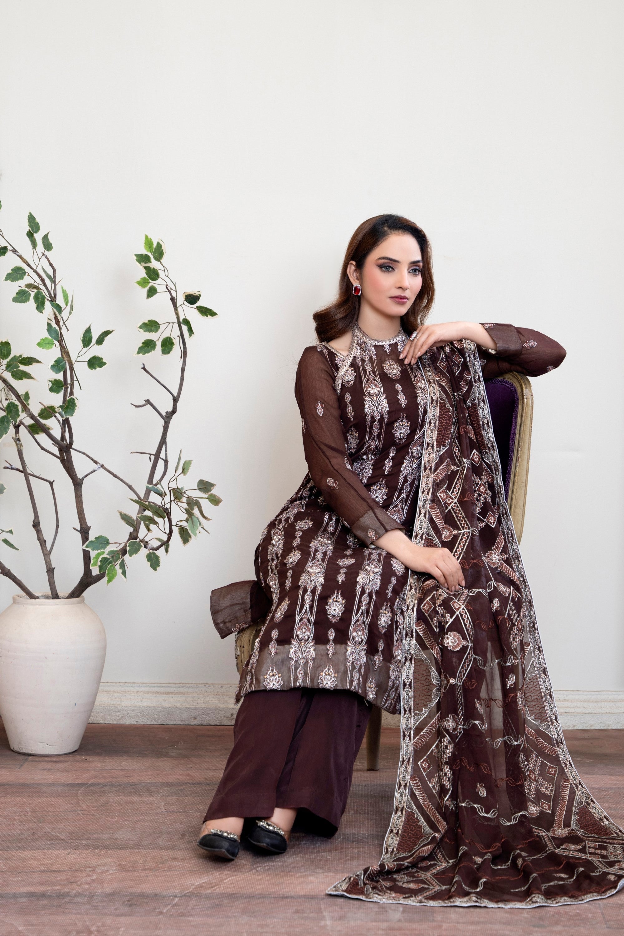 3 Piece Chiffon Suit-Embroidered With Embellishment (Stitched)