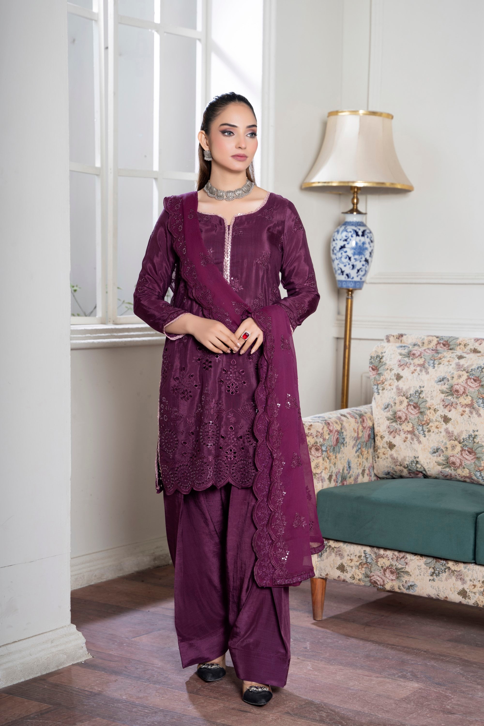 3 Piece Silk Suit-Embroidered (Unstitched)