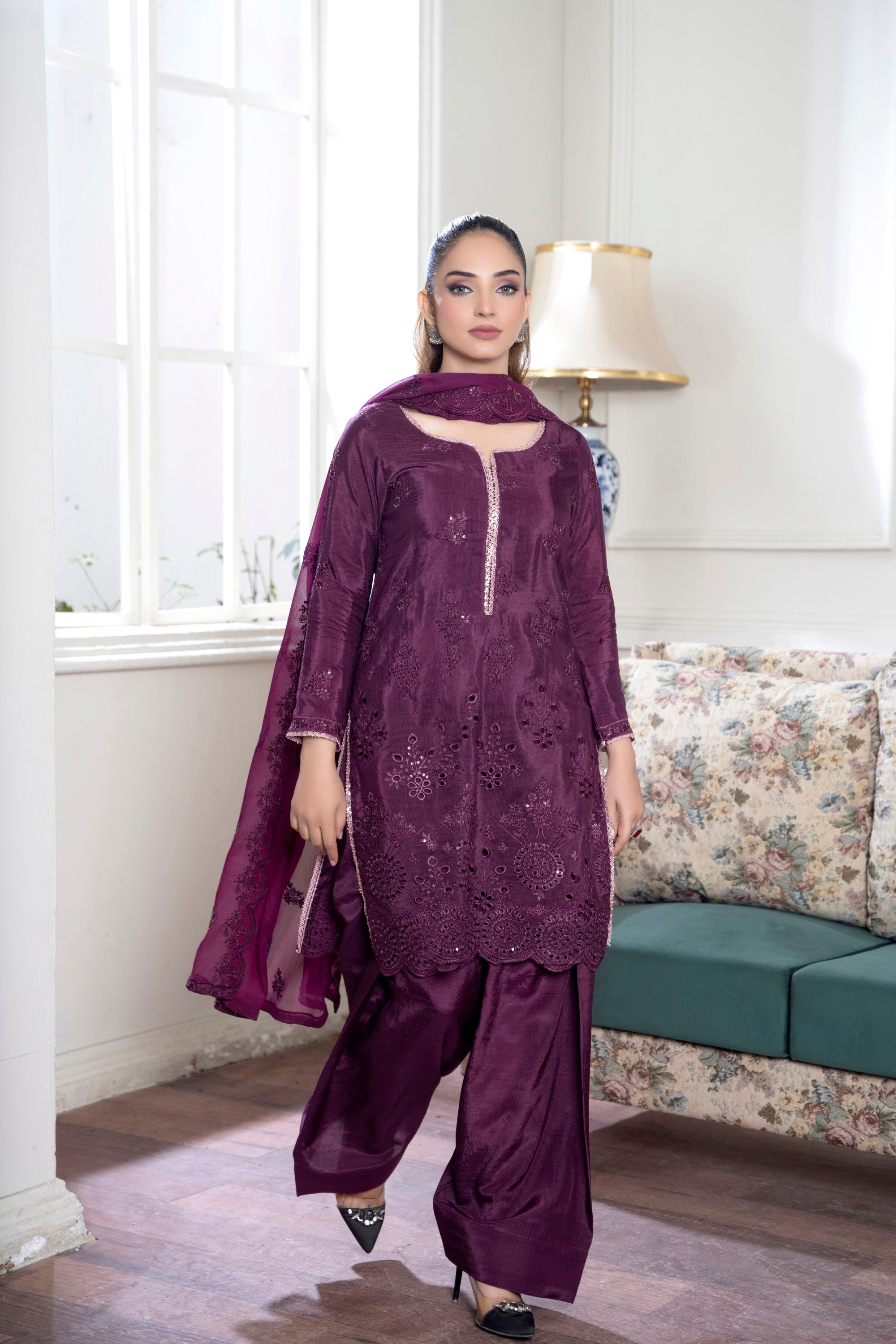 3 Piece Silk Suit-Embroidered (Unstitched)