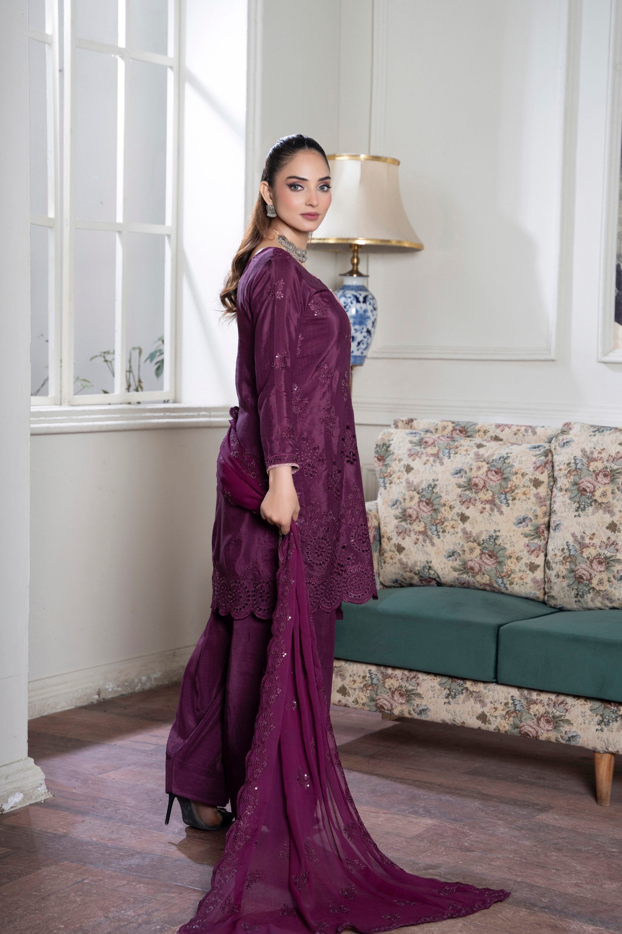 3 Piece Silk Suit-Embroidered (Unstitched)