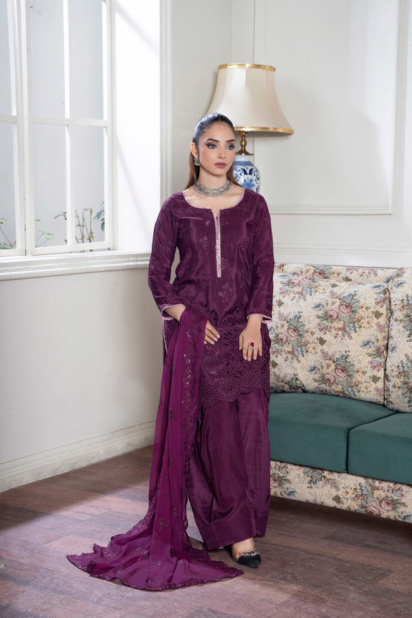 3 Piece Silk Suit-Embroidered (Unstitched)