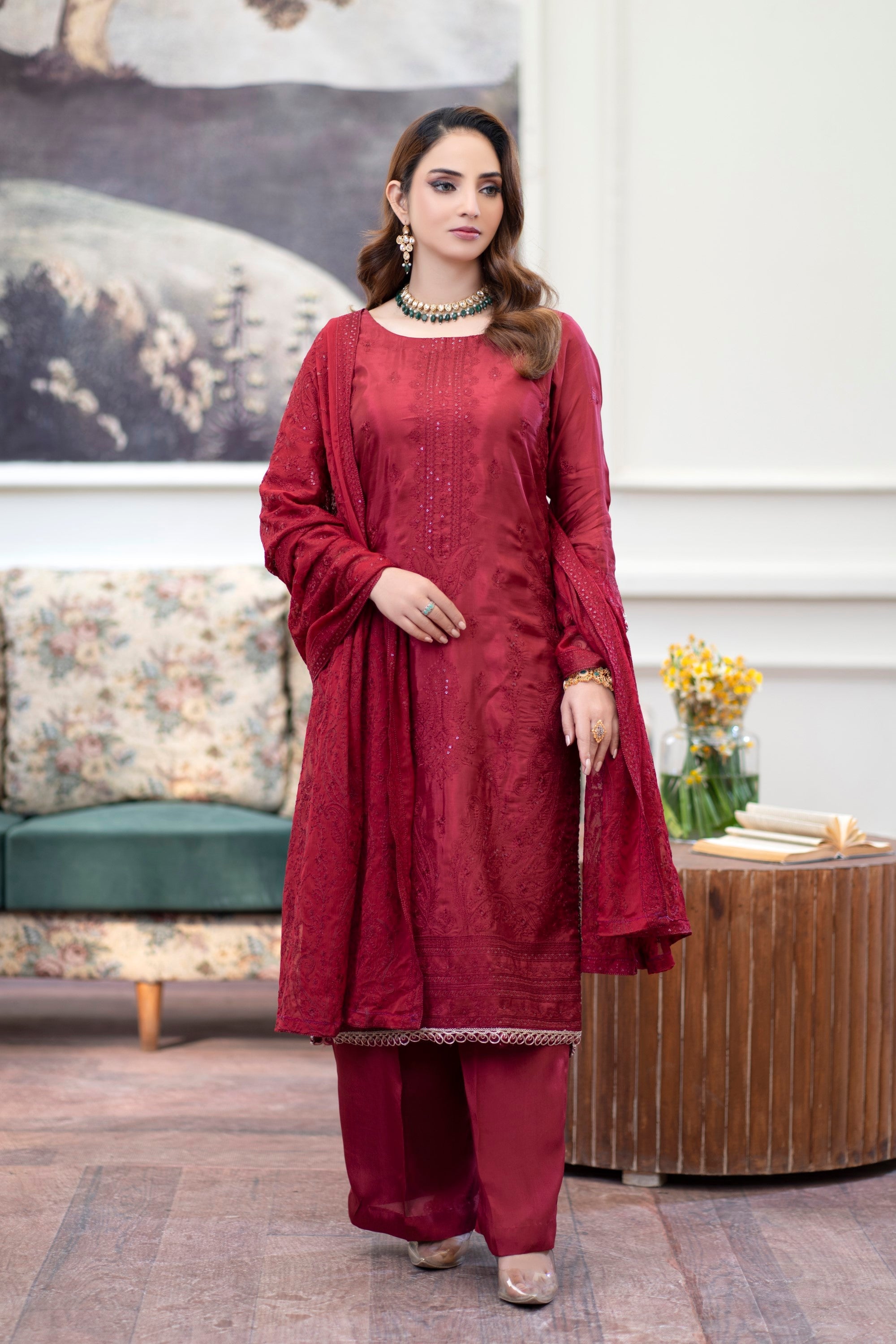 3 Piece Tussar Silk Suit-Embroidered (Stitched)