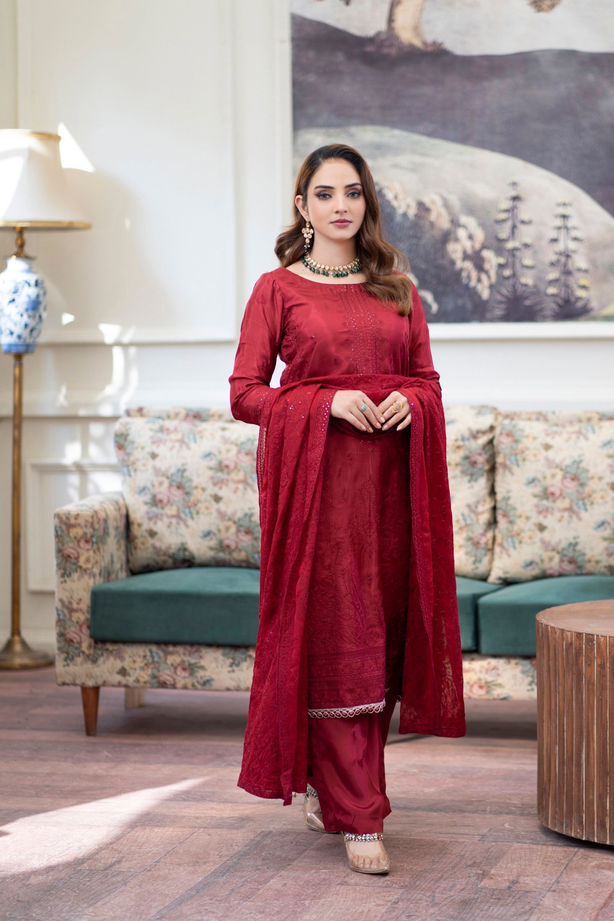 3 Piece Tussar Silk Suit-Embroidered (Stitched)