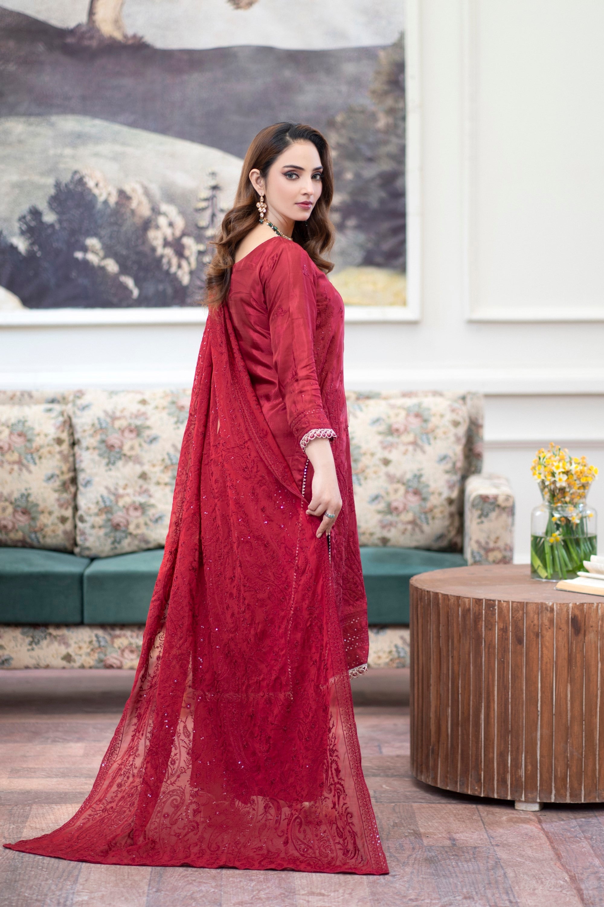 3 Piece Tussar Silk Suit-Embroidered (Stitched)