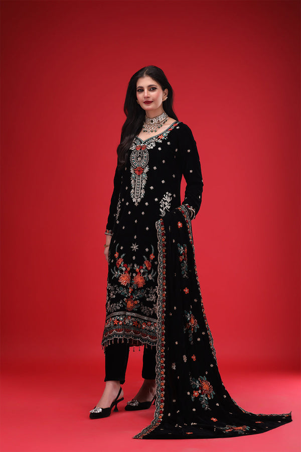 3 Piece Black Velvet Suit-Embroidered (Stitched)