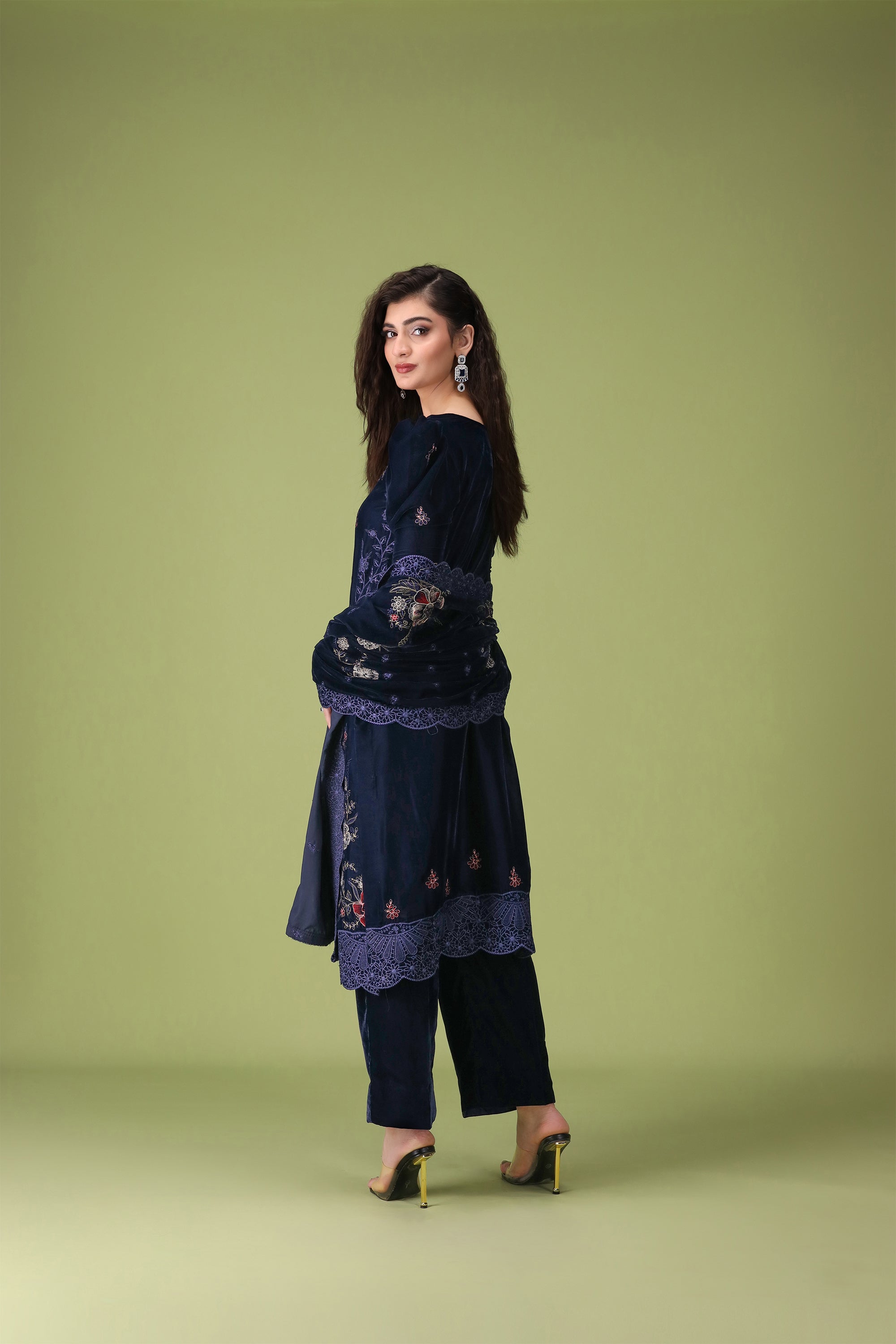 3 Piece Navy Blue Velvet Suit-Embroidered (Stitched)