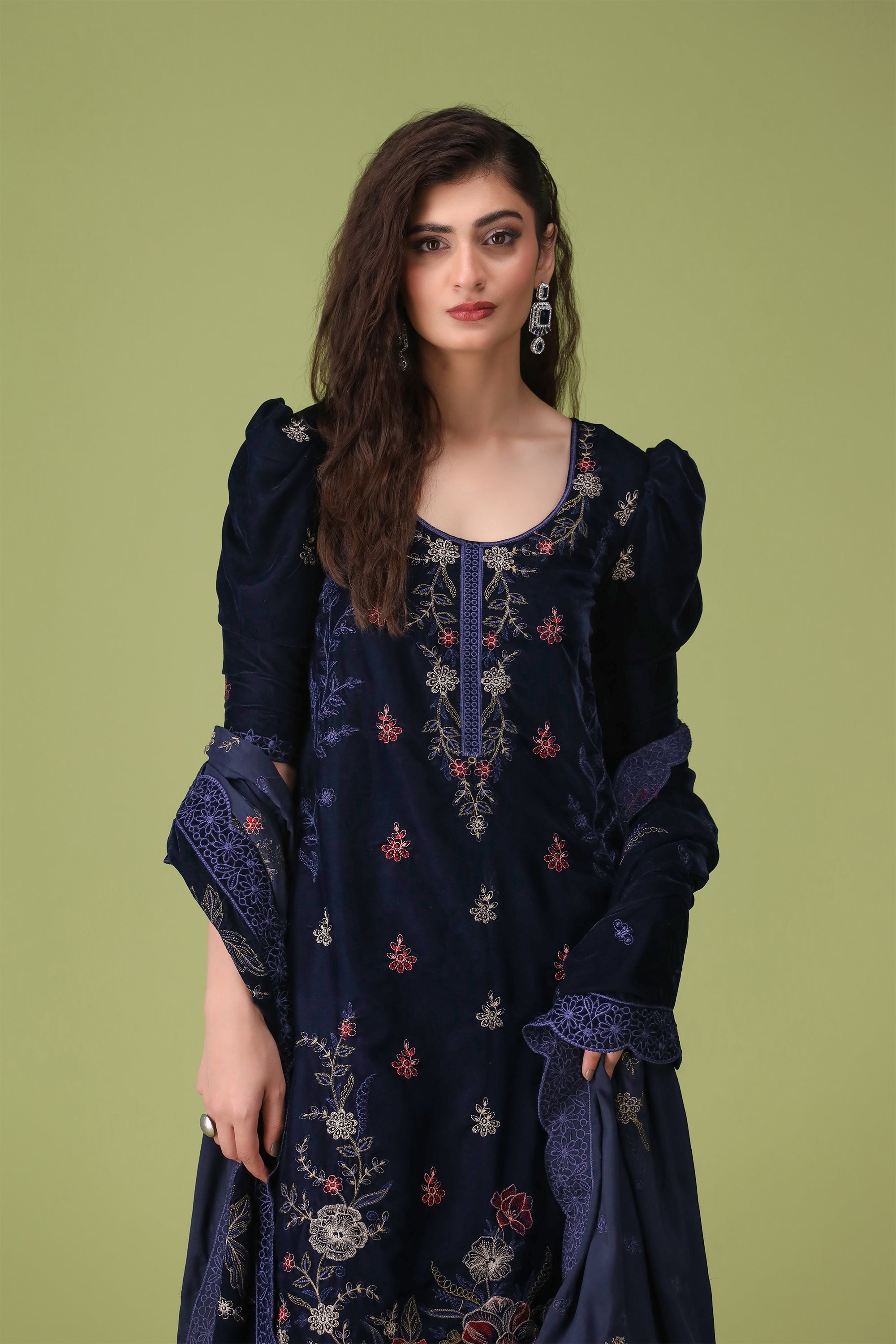 3 Piece Navy Blue Velvet Suit-Embroidered (Stitched)