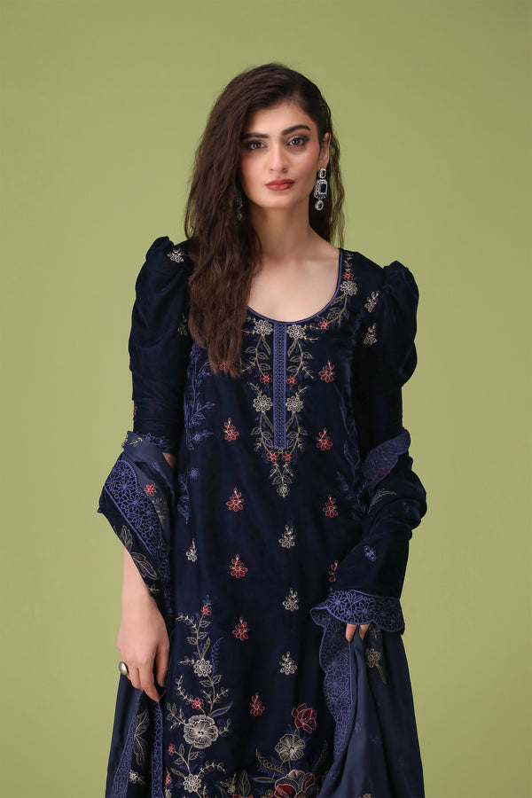 3 Piece Navy Blue Velvet Suit-Embroidered (Unstitched)