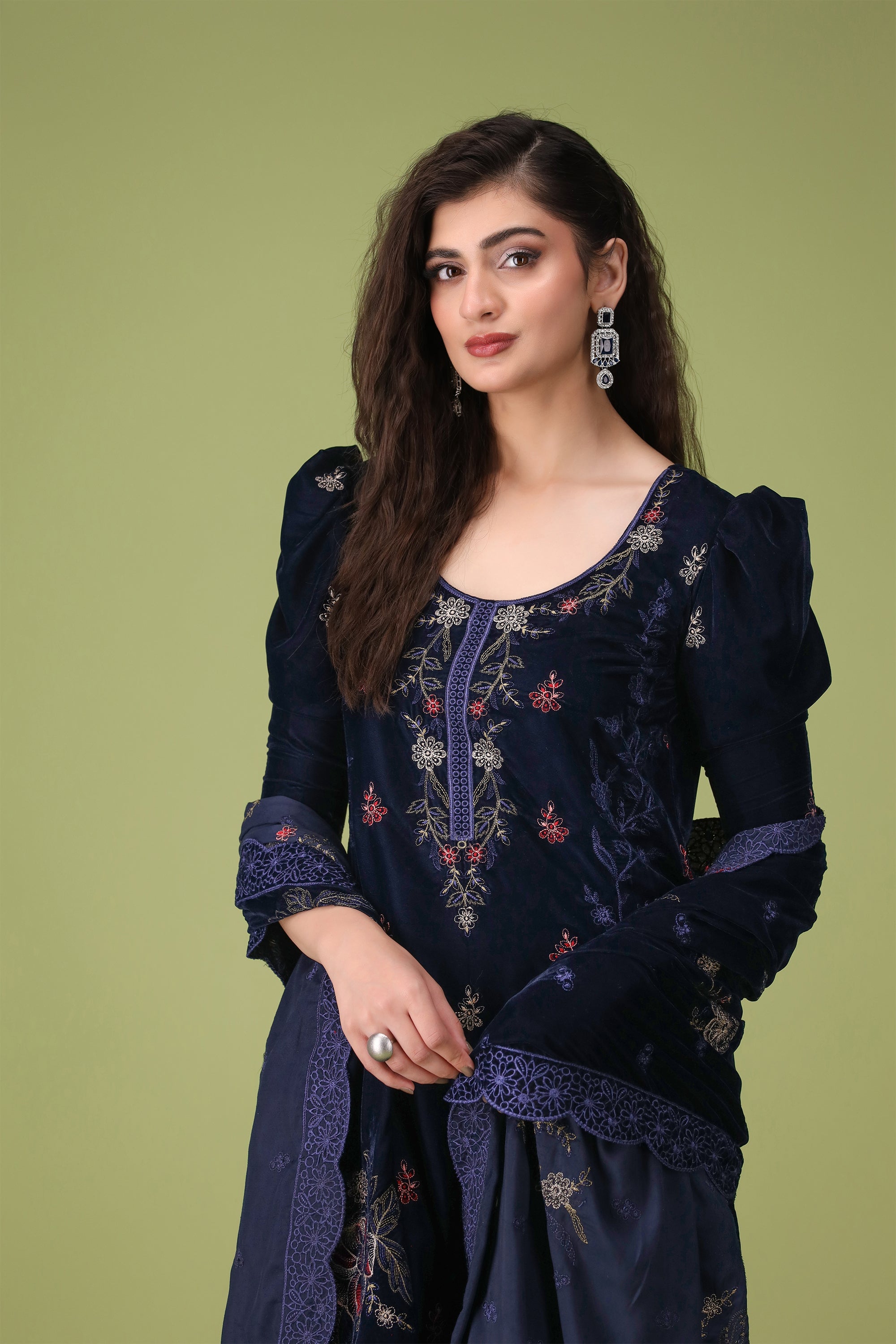 3 Piece Navy Blue Velvet Suit-Embroidered (Unstitched)