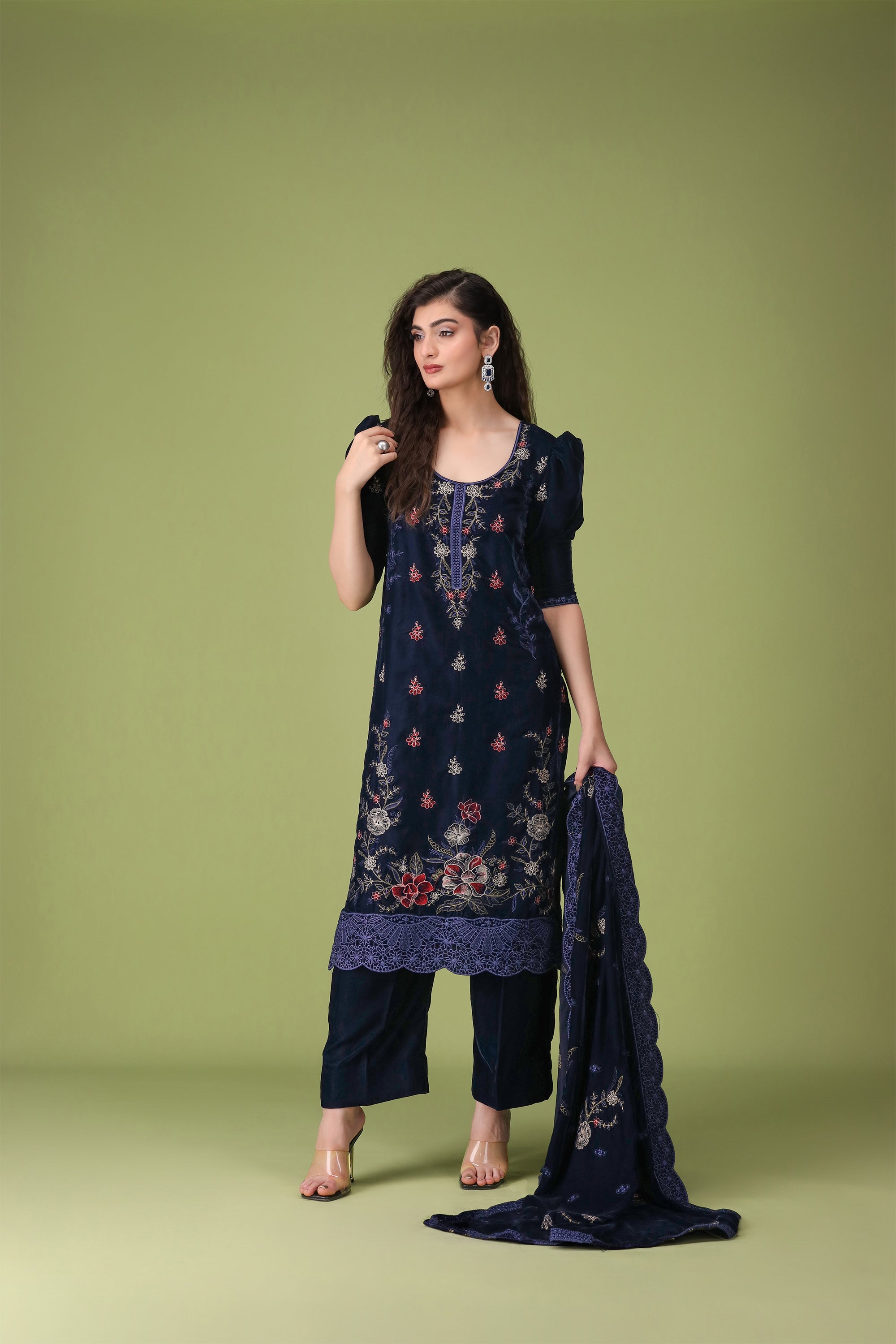 3 Piece Navy Blue Velvet Suit-Embroidered (Stitched)