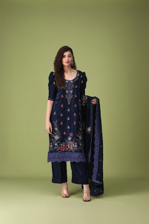 3 Piece Navy Blue Velvet Suit-Embroidered (Stitched)