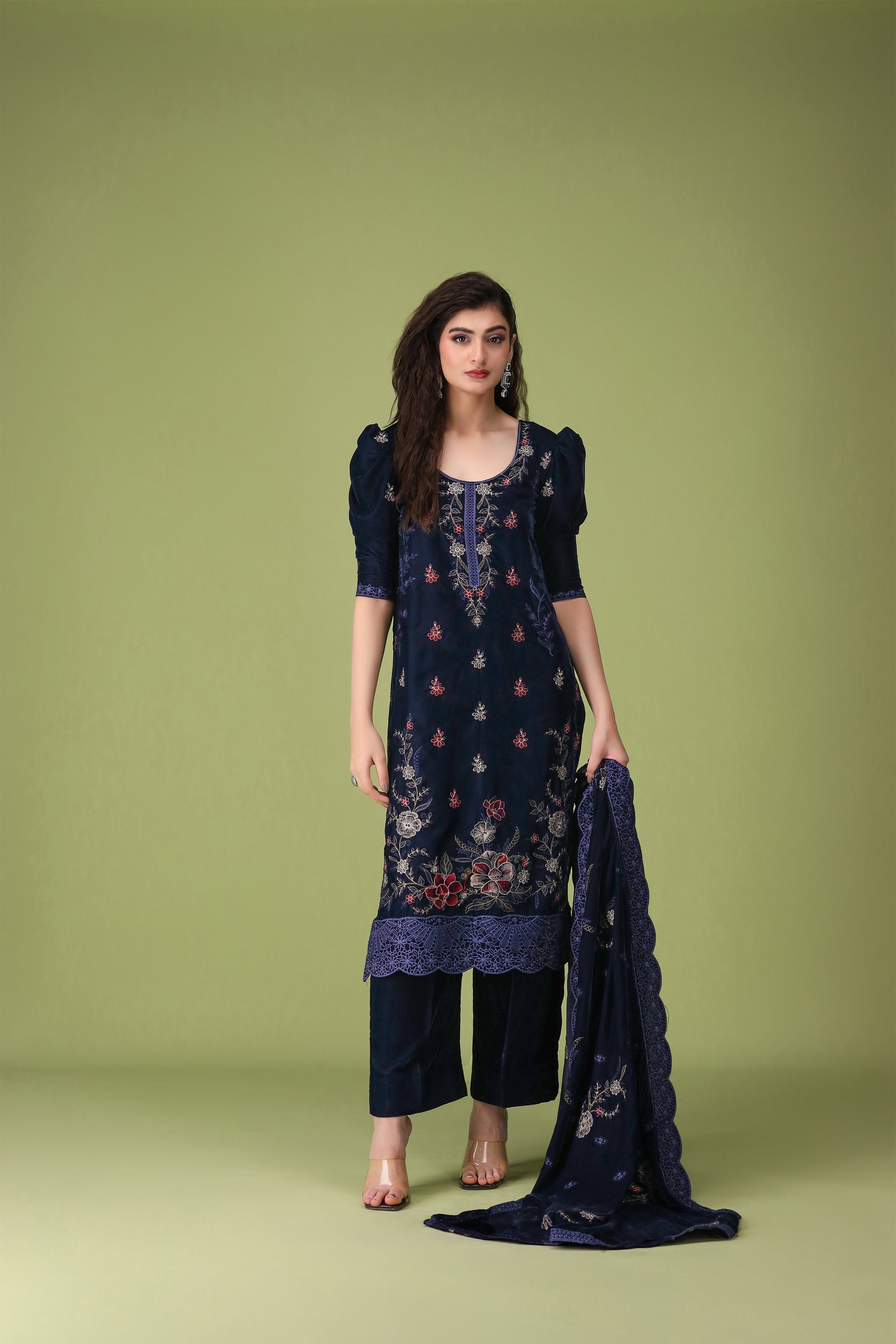 3 Piece Navy Blue Velvet Suit-Embroidered (Unstitched)