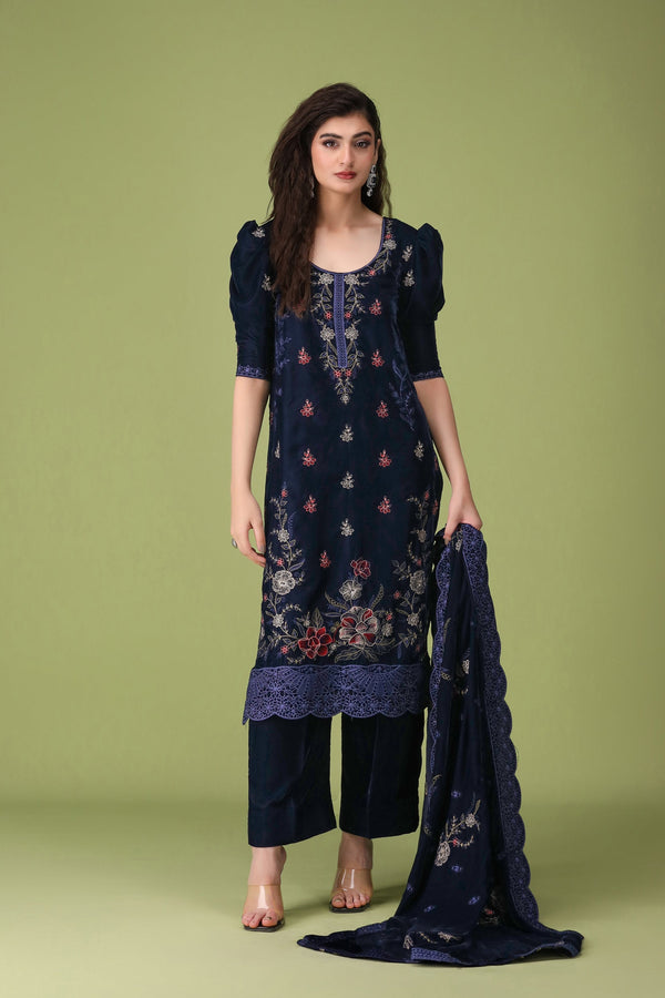 3 Piece Navy Blue Velvet Suit-Embroidered (Unstitched)