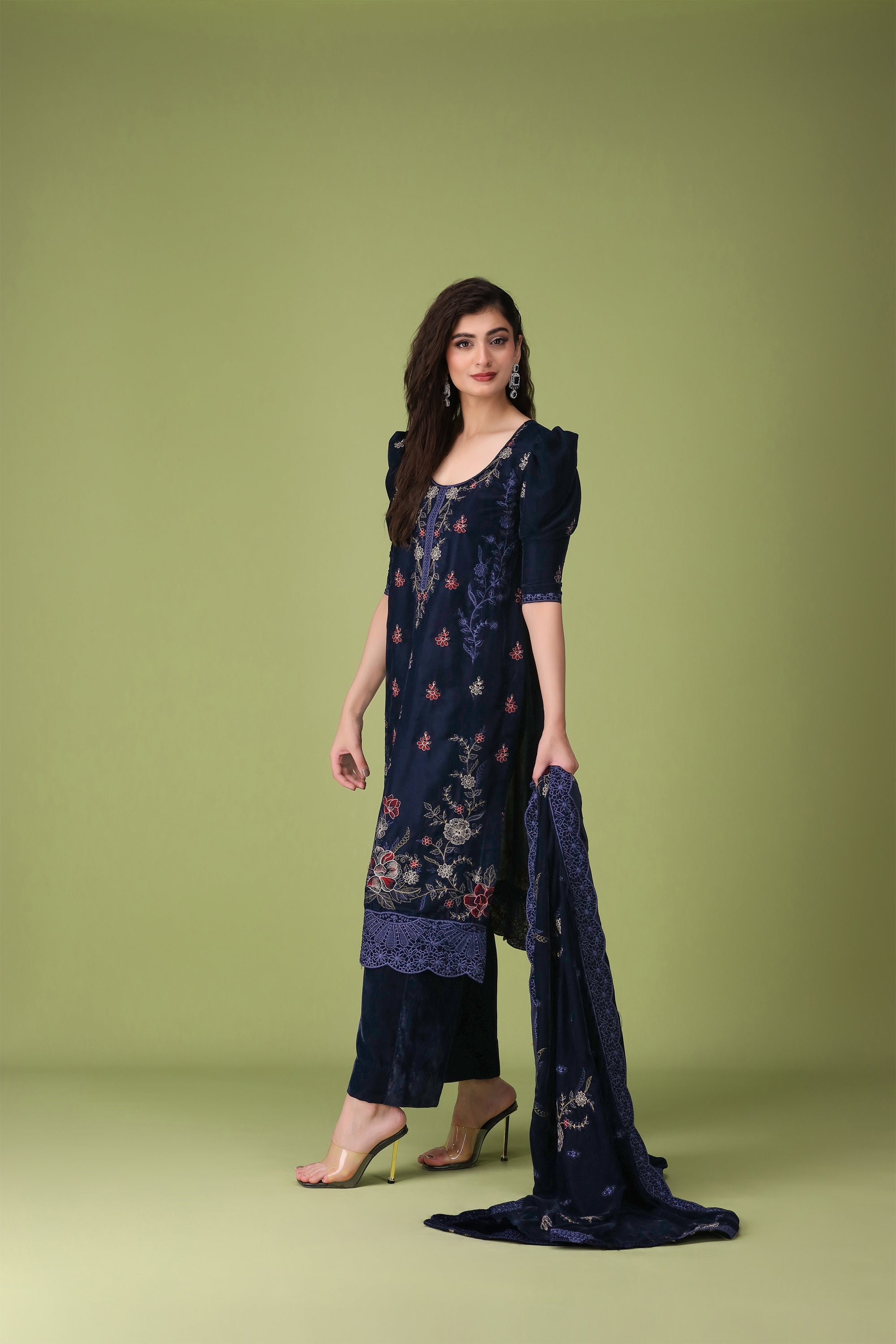 3 Piece Navy Blue Velvet Suit-Embroidered (Unstitched)