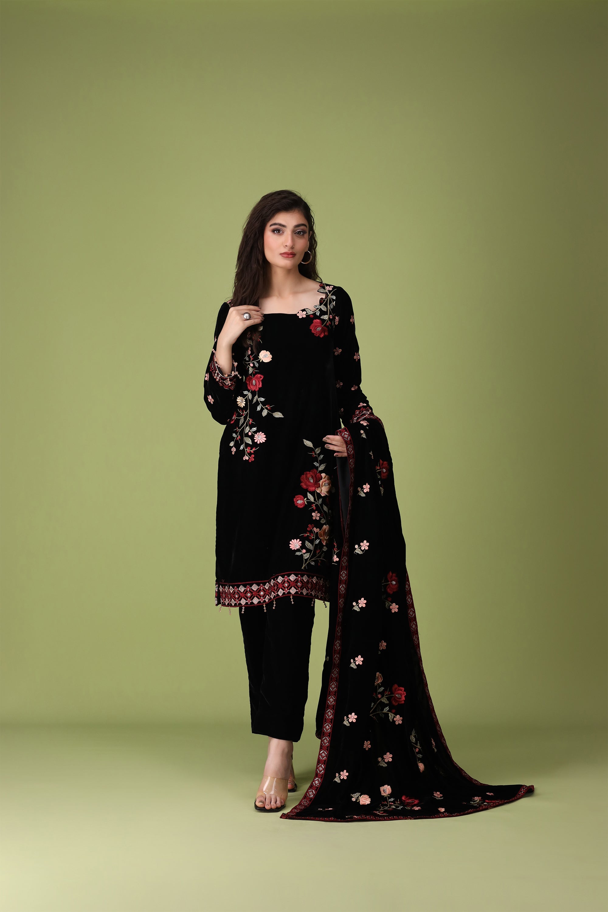 3 Piece Black Velvet Suit-Embroidered (Unstitched)