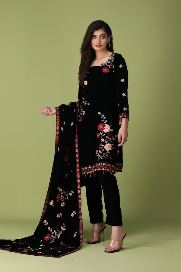 3 Piece Black Velvet Suit-Embroidered (Unstitched)