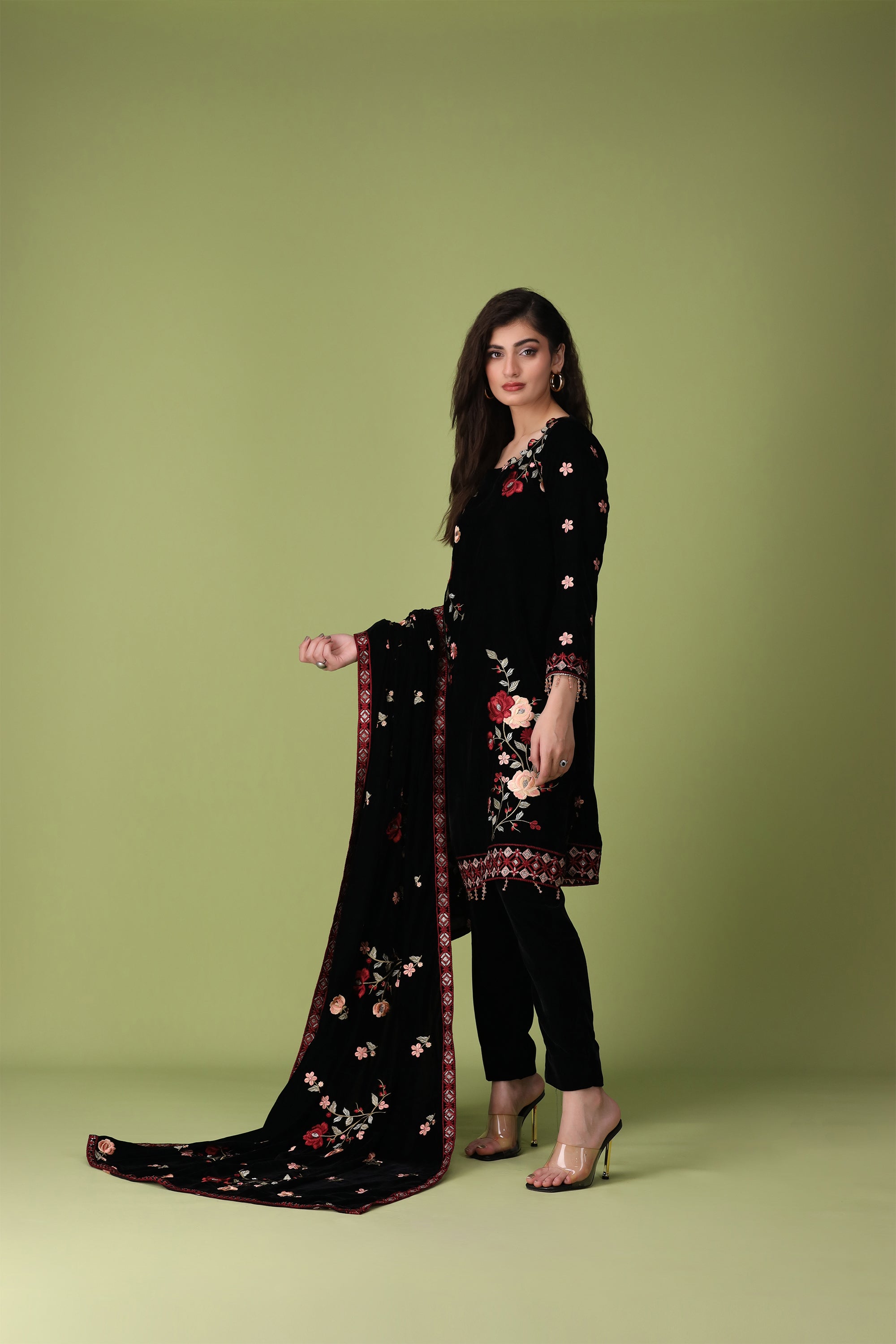 3 Piece Black Velvet Suit-Embroidered (Stitched)