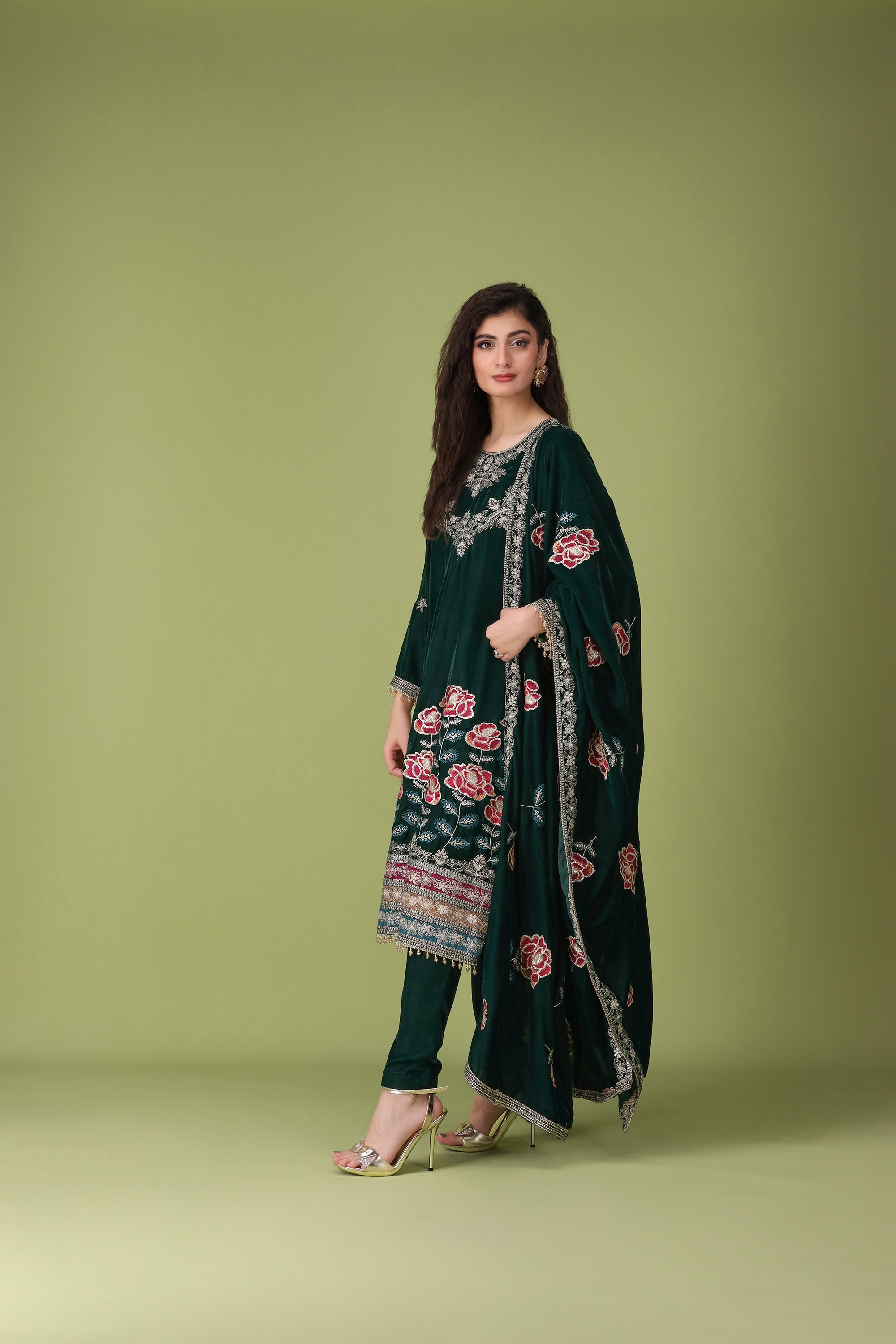 3 Piece Dark Green Velvet Suit-Embroidered (Unstitched)