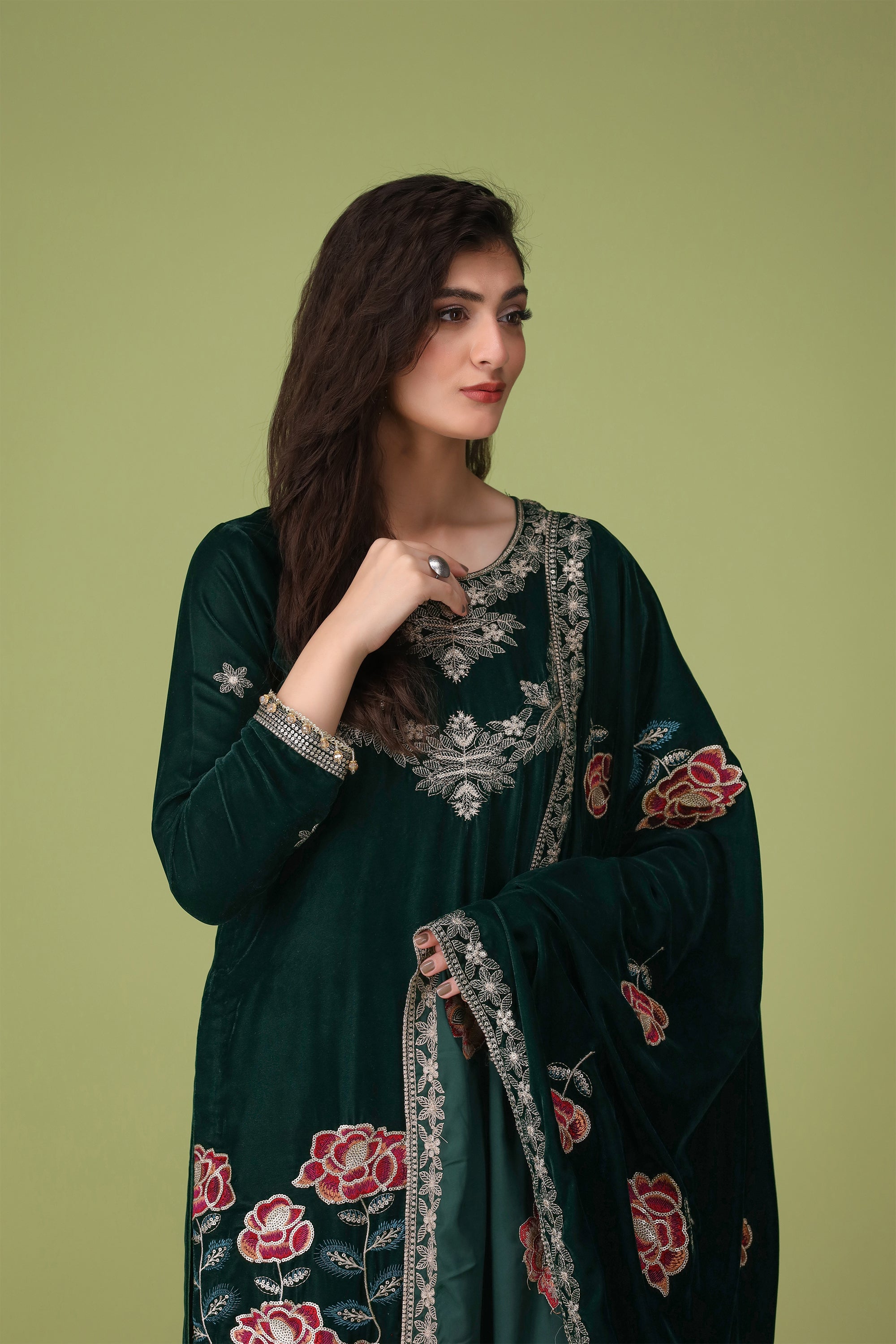 3 Piece Dark Green Velvet Suit-Embroidered (Unstitched)