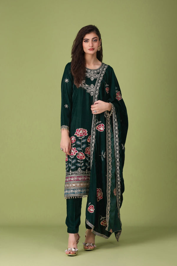 3 Piece Dark Green Velvet Suit-Embroidered (Unstitched)