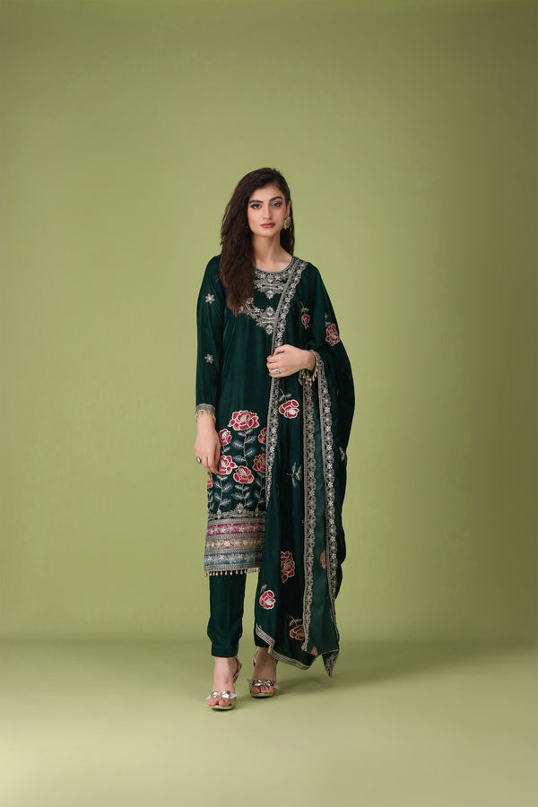 3 Piece Dark Green Velvet Suit-Embroidered (Stitched)