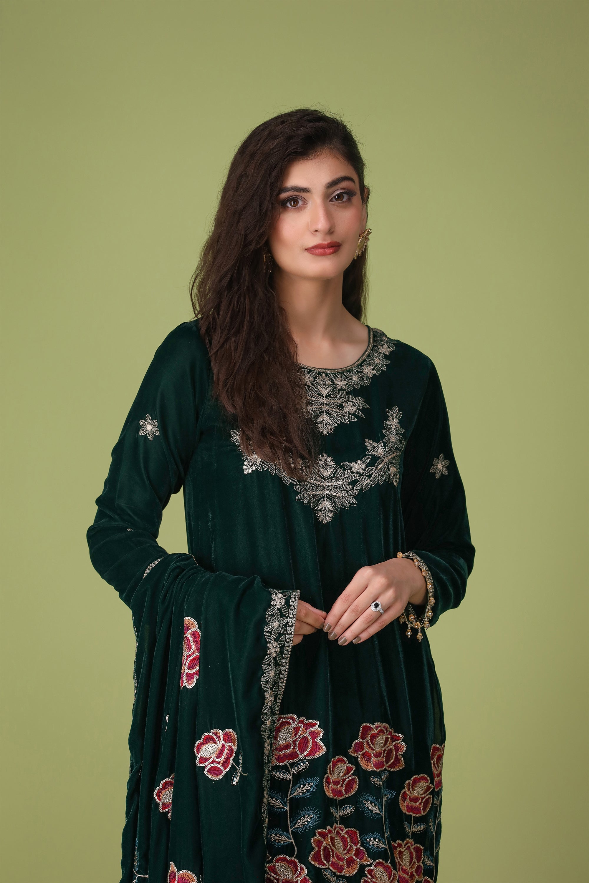 3 Piece Dark Green Velvet Suit-Embroidered (Stitched)