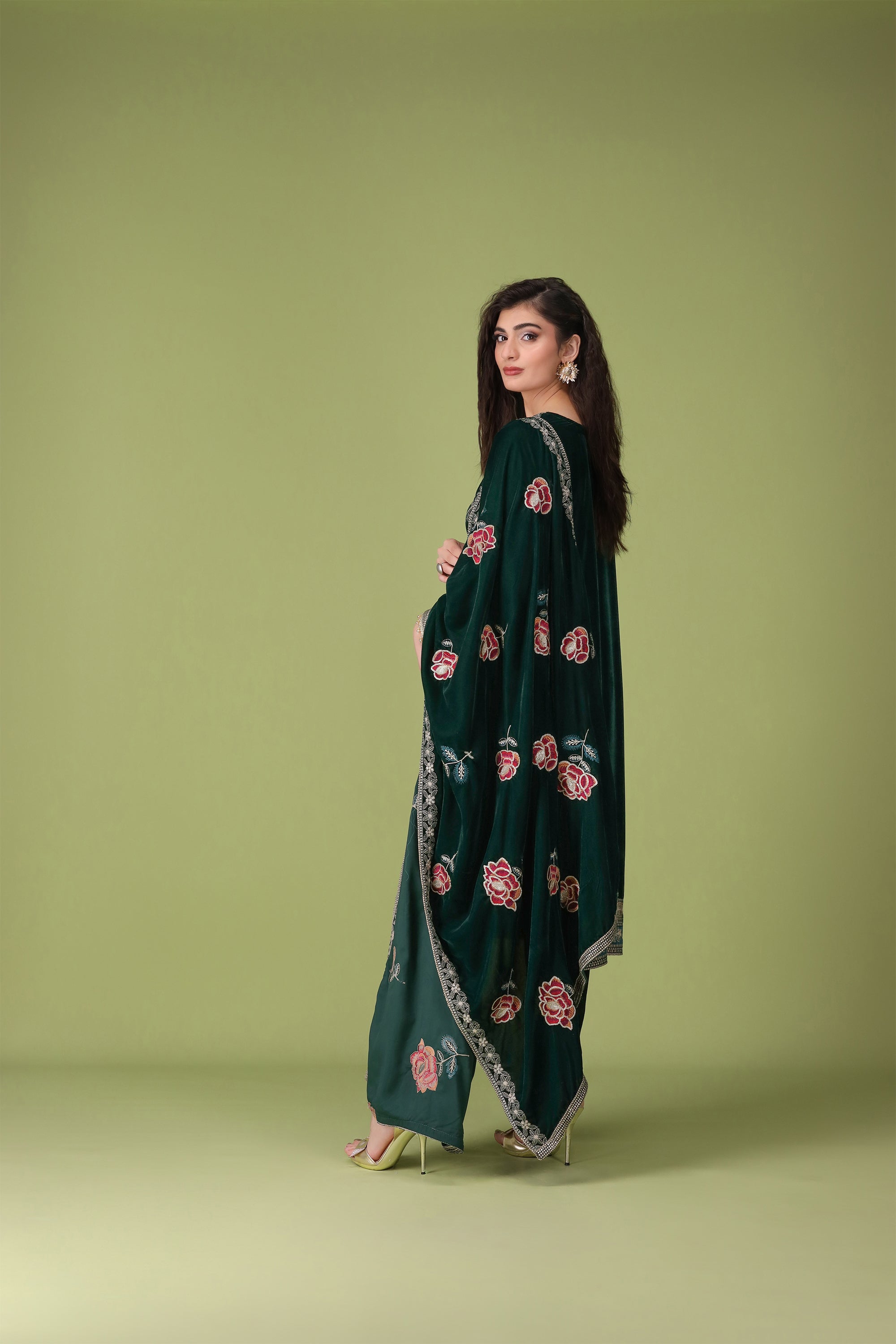 3 Piece Dark Green Velvet Suit-Embroidered (Unstitched)