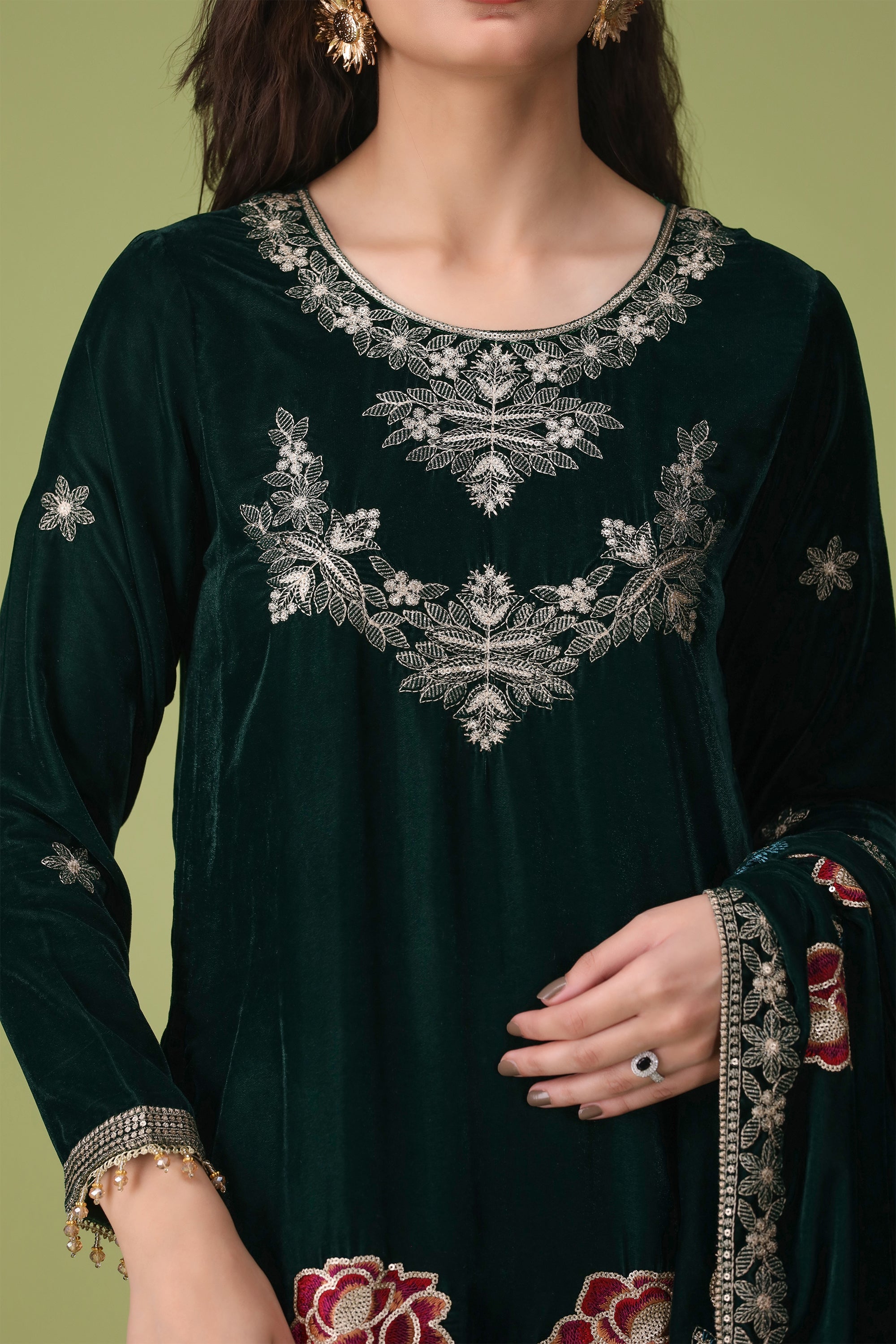 3 Piece Dark Green Velvet Suit-Embroidered (Unstitched)