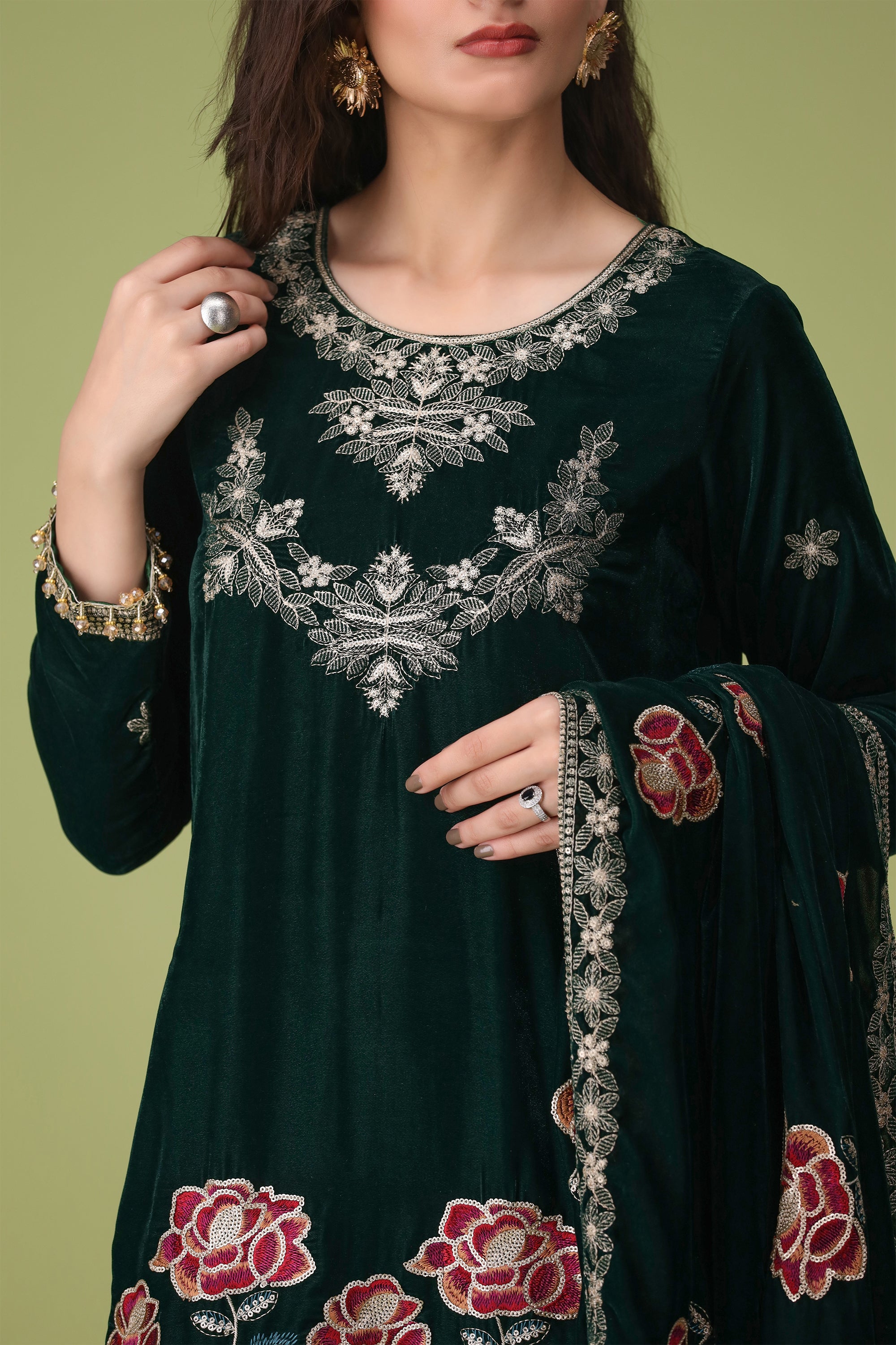 3 Piece Dark Green Velvet Suit-Embroidered (Unstitched)