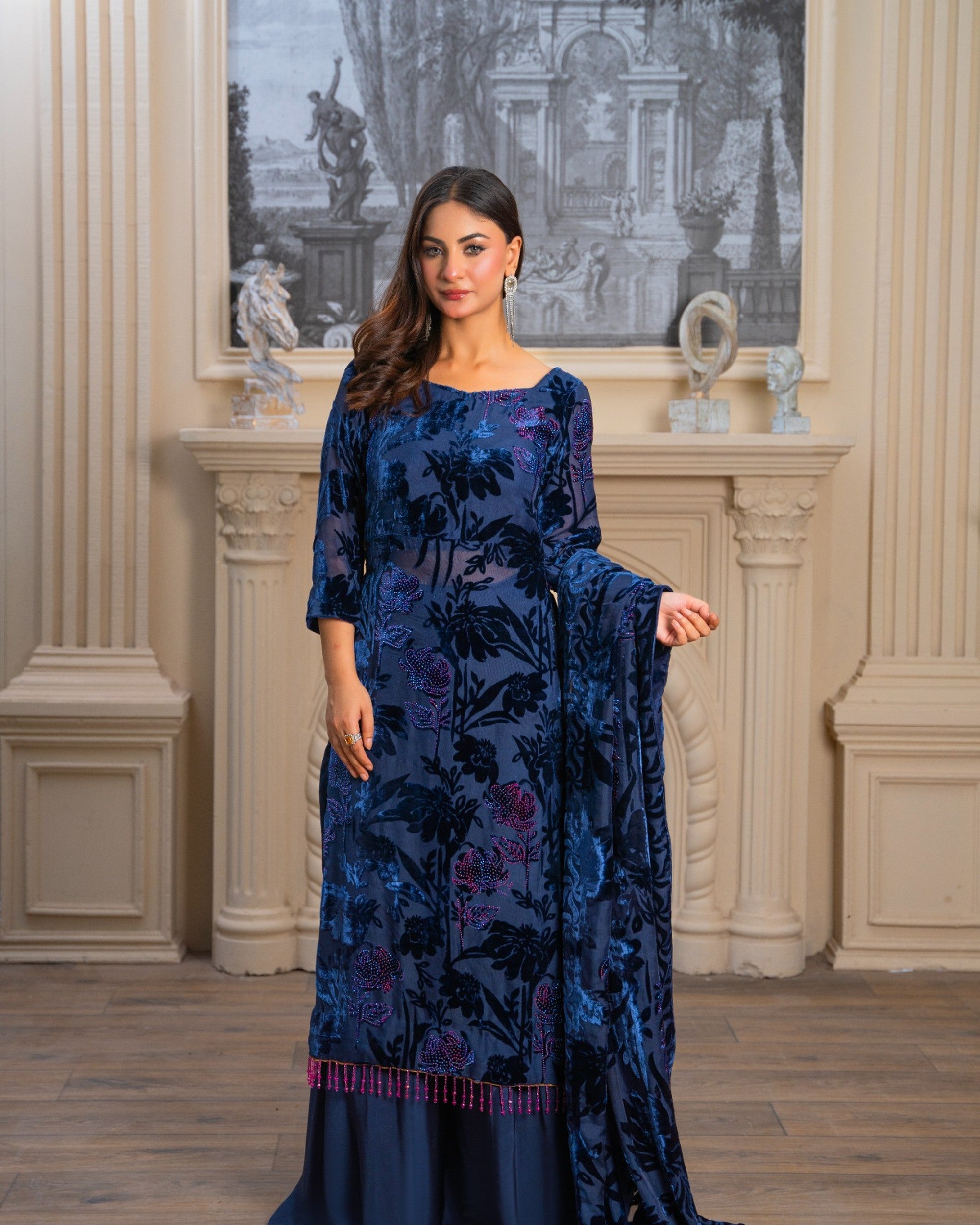 Navy Blue Stone Work Palachi